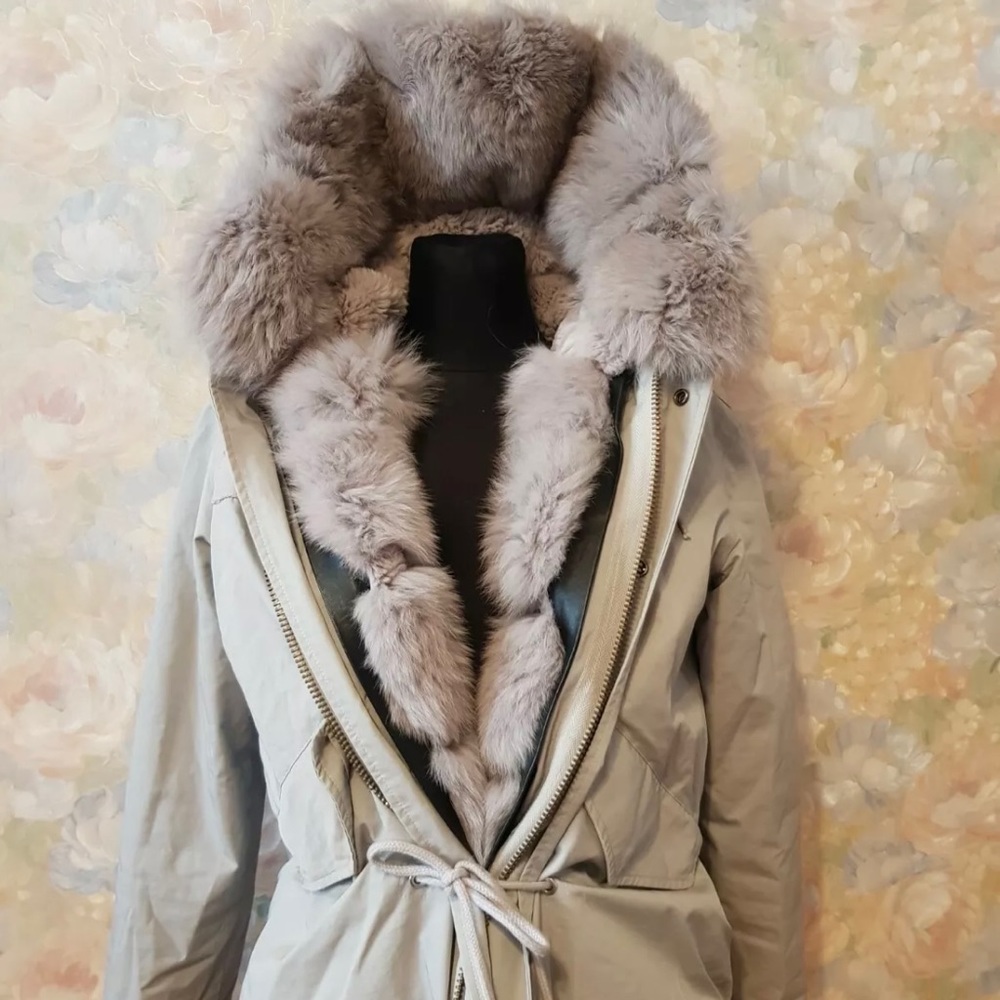 Mr & Mrs Italy Light Beige Puffer Parka with Taupe Fur Trim